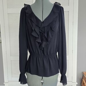 White House Black Market | Silk Black Ruffle Blouse